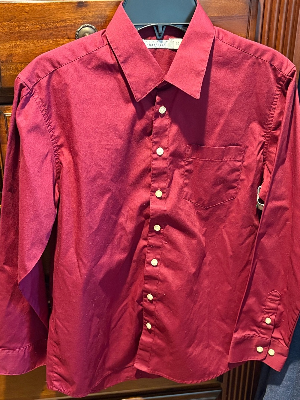 Boys’ Maroon Long Sleeved Button Down Shirt. Size 14